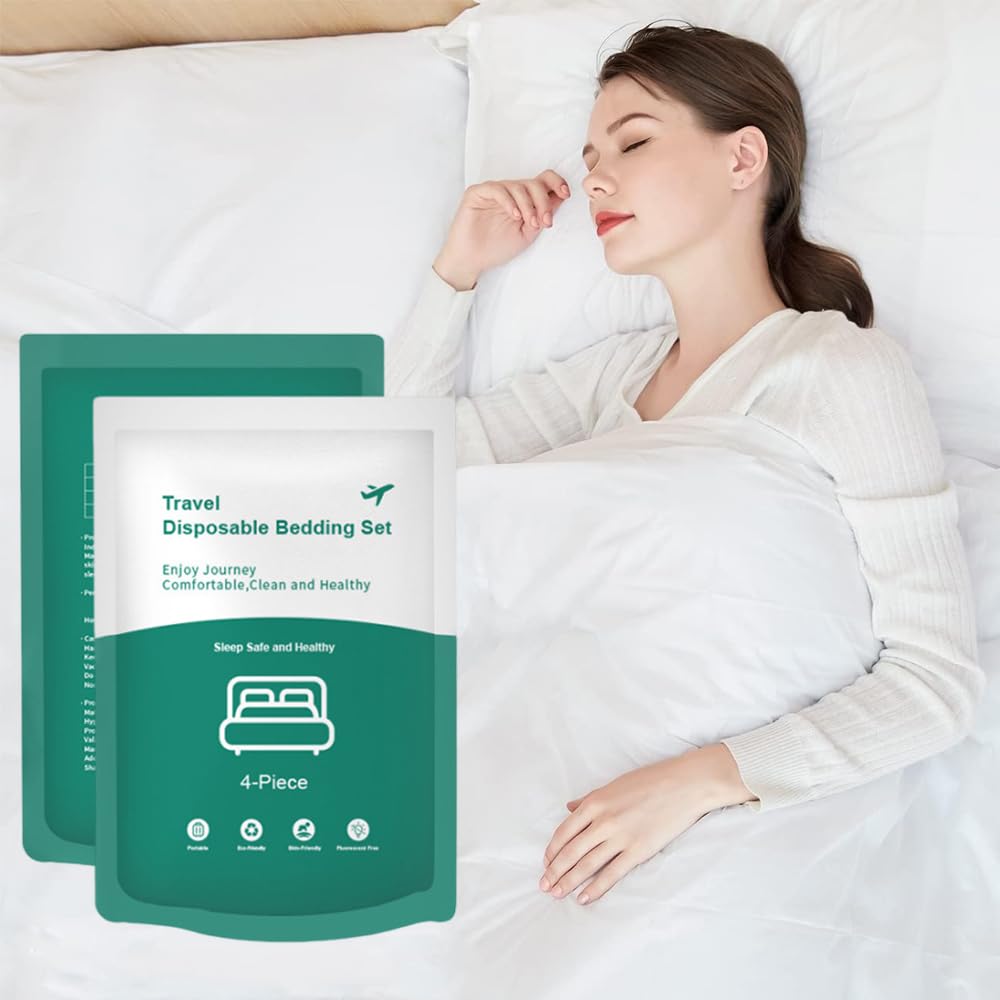 Goodern Travel 4-Piece Disposable Bedding Set,Disposable Bed Sheets Quilt Cover and Pillow Case Set for Hotel and Travel Portable Disposable Sheet Travel Bedding Cover Bed Sheets Set Disposable-1 Pack