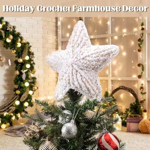 Syhood ZIF-SYHOO-3236 10 Inch Christmas Tree Topper Crochet Star Golden Glitter Farmhouse Holiday Xmas Decor thumb #5