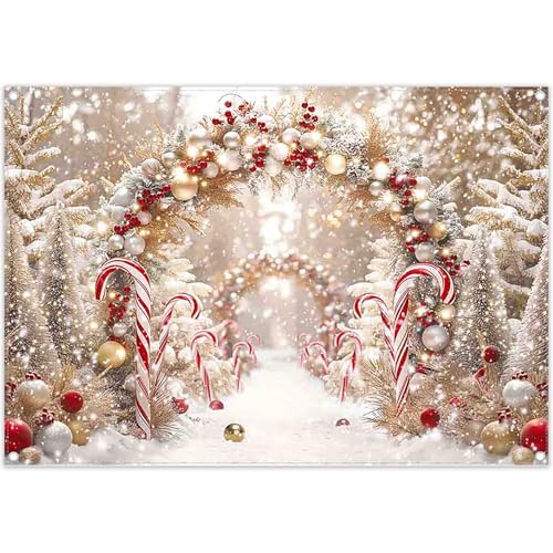 Luminora 2,1 x 1,5 m - Fondo navideño con Arco de Bastones de Caramelo Rojos de, árboles de Navidad, Bosque nevado, Regalos, decoración de Nochebuena, Pancarta para Fotos