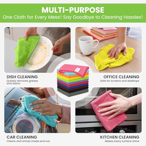 Image of 12 Pack Microfiber Cleaning Cloth, 11 Assorted Colors Cleaning Rags for Housekeeping, Colorful Reusable Microfiber Towels for Car, Kitchen, Bathroom and Household Cleaning Supplies, 11.8 inchX11.8 inch