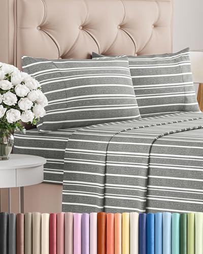 Image of Twin 4 Piece Bed Sheet Set - Breathable & Cooling Sheets - Grey Stripes | Ultra Soft Hotel Luxury Bedding Set with 8-16 Inch Deep Pockets, 1 Flat & 1 Fitted Sheet & 2 Pillowcases, Wrinkle & Fade Free