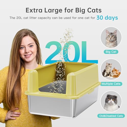 Image of Stainless Steel Litter Box with High Side, XXL Extra Large Cat Litter Box for Big Cats & Multiple Cats, Non-Sticky, No Urine Leakage, Easy Clean Cat Litter Pan Include Scoop