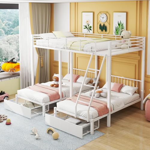 Arhatreya Litera triple con cajones, marco de cama de metal, convertible en cama doble de 140 x 200 cm y dos camas individuales de 90 x 200 cm, cama de metal para niños y adolescentes, color blanco
