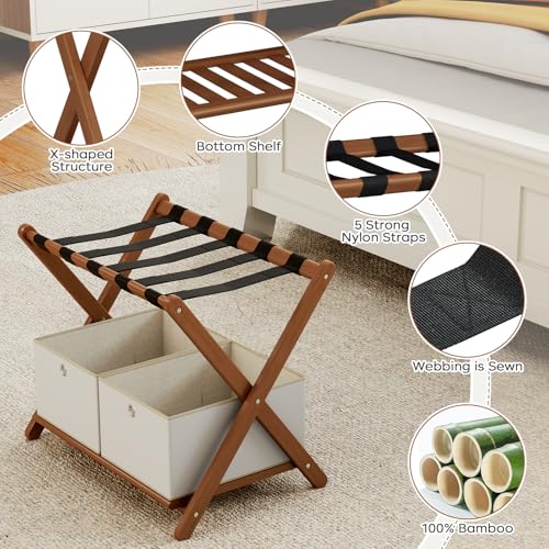 Fully Assembled Walnut Luggage Racks Set of 2 with 4 Storage Boxes, 26.77" Bamboo Luggage Rack Stand for Guest Room, 5 Nylon Straps, Folding Suitcase Stand with Storage Shelf for Bedroom Hotel