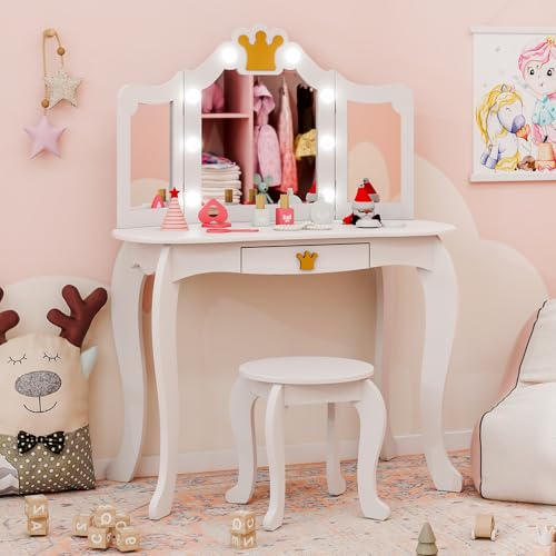 Image of KOTEK Kids Vanity with Lights, Crown Girls Vanity Set w /Tri-Folding Mirror, Detachable Top, Stool & Drawer, Wooden Toddler Makeup Dressing Table, Kids Vanity Table and Chair Set (White)