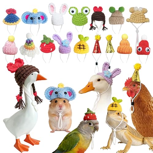 16 Pcs Hamster Hats Adjustable Mini Hat Hand Knitted Chicken Hats Small Animals Cap for Real Hamsters Lizard Dragon Bird Ferret Doll Chicken Desk Goose Outfits Party Costume Accessories