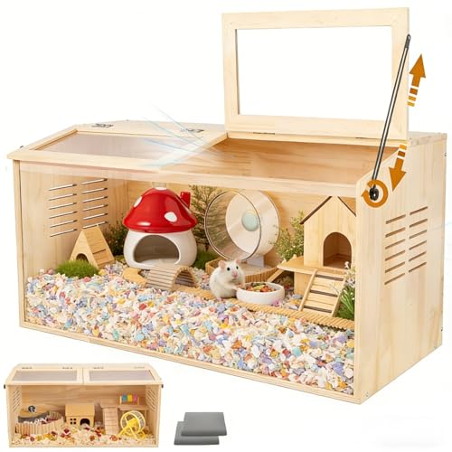 Wooden Hamster Cage,32" Lx16 Wx16 H,2 Washable Liner, Animal Cabinet for Dwarf Syrian Hamsters Degus, Hamster Habitat with Openable Top and Large Acrylic Sheets, Natural Wooden Hamster Habitat