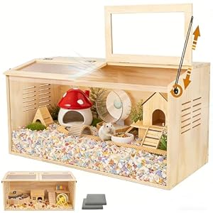 Wooden Hamster Cage,32″ Lx16 Wx16 H,2 Washable Liner, Animal Cabinet for Dwarf Syrian Hamsters Degus, Hamster Habitat with Openable Top and Large Acrylic Sheets, Natural Wooden Hamster Habitat