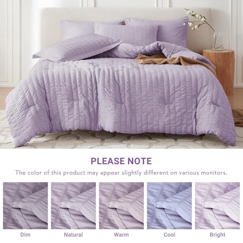 Image of MUXHOMO 7 Pieces King Comforter Set, Seersucker Bed in a Bag King Size, All Season Luxury Bedding Set with Comforter, Flat Sheet, Fitted Sheet, Pillowcases & Shams, Lavender