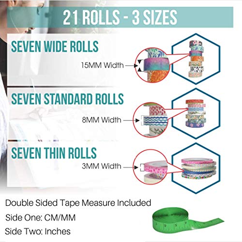 Cute Washi Tape Set With 3 Sizes | 15Mm 8Mm And 3Mm Wide Skinny And Thin | Decorative Holiday Craft Tape | Colorful Tape | Floral Japanese Pastel Seasonal Art | Bujo Supplies | Scrapbook Tape 21 Rolls #TOP5