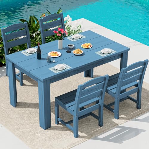 Image of SERWALL 59 inch Outdoor Dining Set for 4, w / 1 Table & 4 Armless Chairs, Blue | Armless Patio Dining Sets for All Weather Use