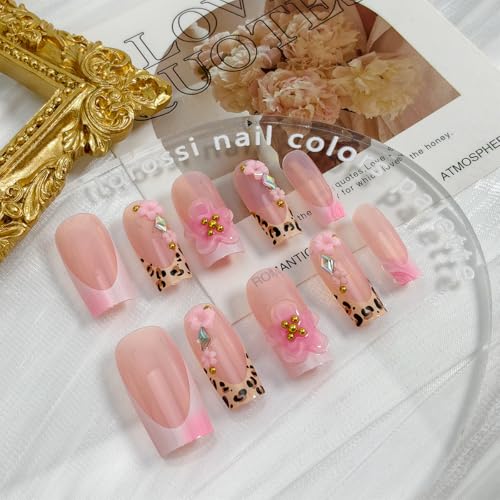 24Pcs 3D French Tip Press on Nails Long Square Flower Fake Nails with Rhinestones Design Pink False Nails Leopard Coffin Tip Stick on Nail Spring Summer Acrylic Nail Floral Glue on Nails for Women