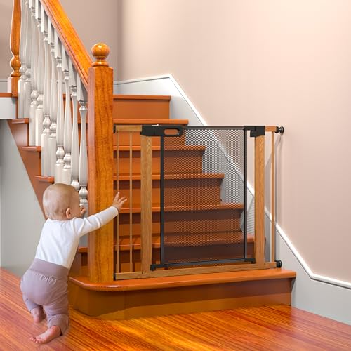 Image of Metal Mesh Baby Gate with Wood Pattern, 40.6-46'' Extra Wide Easy Install Pressure Mounted Dog Gate for Stairs Bedroom Auto Close Pet Gate for Doorways