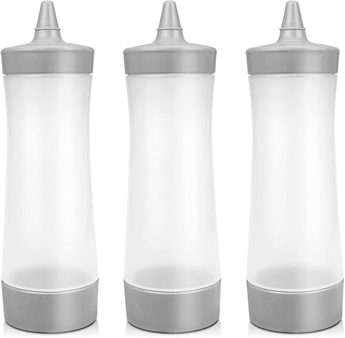 DOERDO - 3 botellas de plástico para salsa, condimento, aderezo, salsa de tomate, aceite de oliva, barbacoa, 12 onzas con tapa (gris)