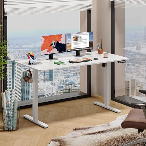 DEVAISE 55 x 28 Inches Electric Standing Desk, Adjustable Height Stand up Desk, 28" Deeper Desktop Sit to Stand Desk with 3 Memory Preset, Adjustable Computer Desk for Home Office (White)