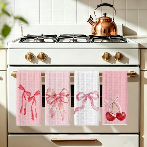 Image of 4 Pcs Pink Bow Hand Towels 24x14 Inch, Bows Decor Reusable Tea Towels