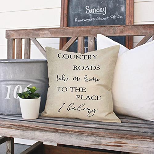 Image of Country Roads Take Me Home Sign Decorative Throw Pillow Cover, Vintage Quote Rustic Home Farmhouse Decorations, Seasonal Housewarming Gift Cushion Case for Sofa Couch Decor Cotton Linen 18 x 18