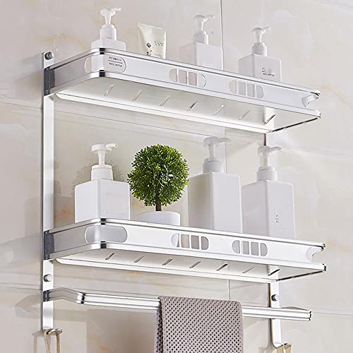 Estantería de baño Sin taladrar Estante de Ducha con toallero Estantes de Ducha Montado en la Pared con Gancho Adhesivo Espacio Aluminio para baño Inodoro-Plata_2 Piso 49.5cm