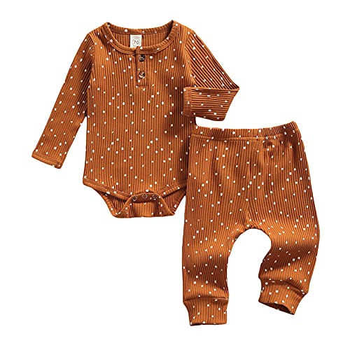 Newborn Baby Boy Girl Polka Dot Clothes Set Ribbed Knit Long Sleeve Romper Pants Unisex Fall Winter Outfits (Brown, 3-6 Months) Newborn Baby Boy Girl Polka Dot Clothes Set Ribbed Knit Long Sleeve Romper Pants Unisex Fall Winter Outfits (Brown, 3-6 Months)
