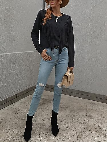 Image of Women's Casual Crewneck Fringe Tassels Crochet Long Sleeve Knitted Fall Sweater Pullover Tops