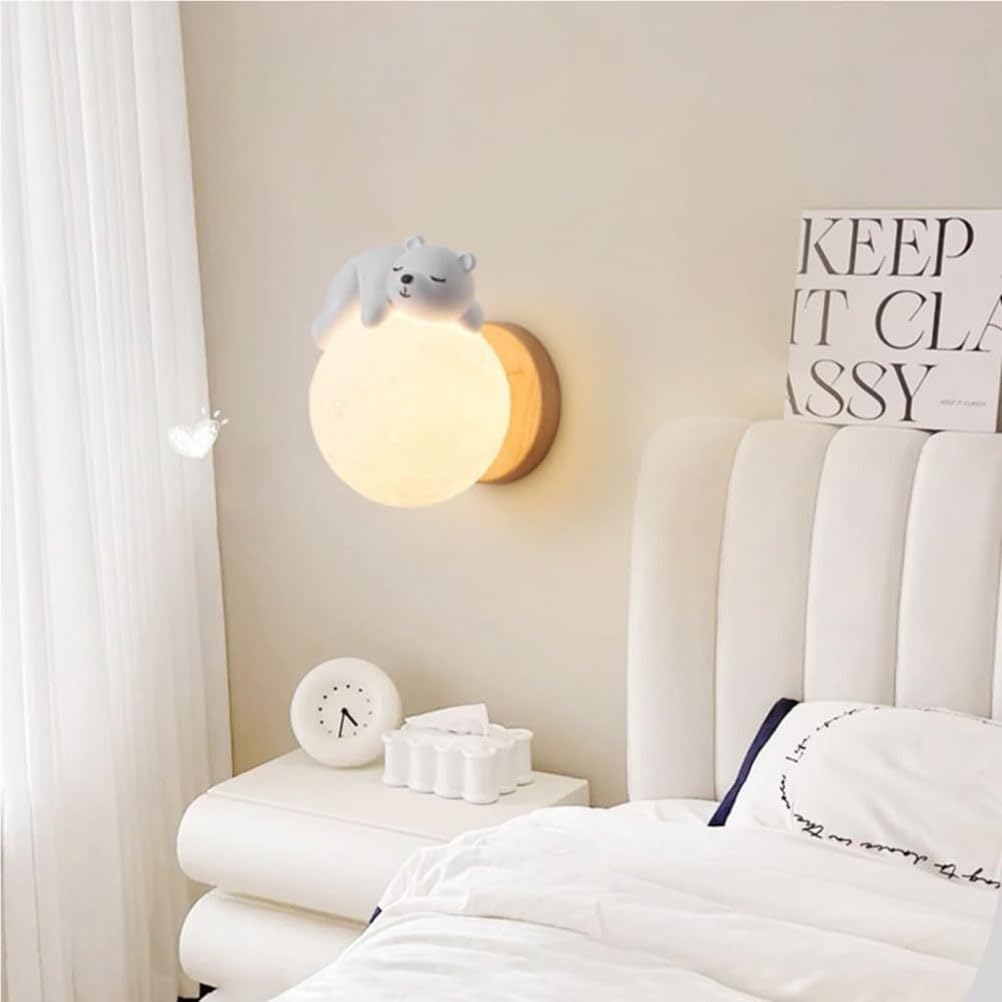 EaEa LED Mond Wandleuchte Kinderzimmer Holz Wandlampe Kreative Schlafende Bär Junge Mädchen Dekorative Nachtlicht 3000K/4500K/6000K Kinder Nachttisch Wandbeleuchtung für Schlafzimmer Babyzimmer, Weiß