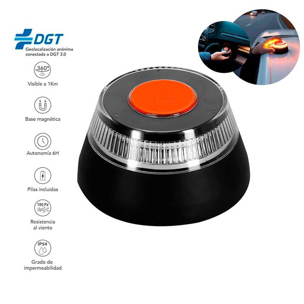 Luz de Emergencia V16 con Geolocalización – Baliza Homologada DGT 3.0. Señal V-16 para Coche con Aviso de Ubicación, con conexión de datos incluidos hasta 12/2038.