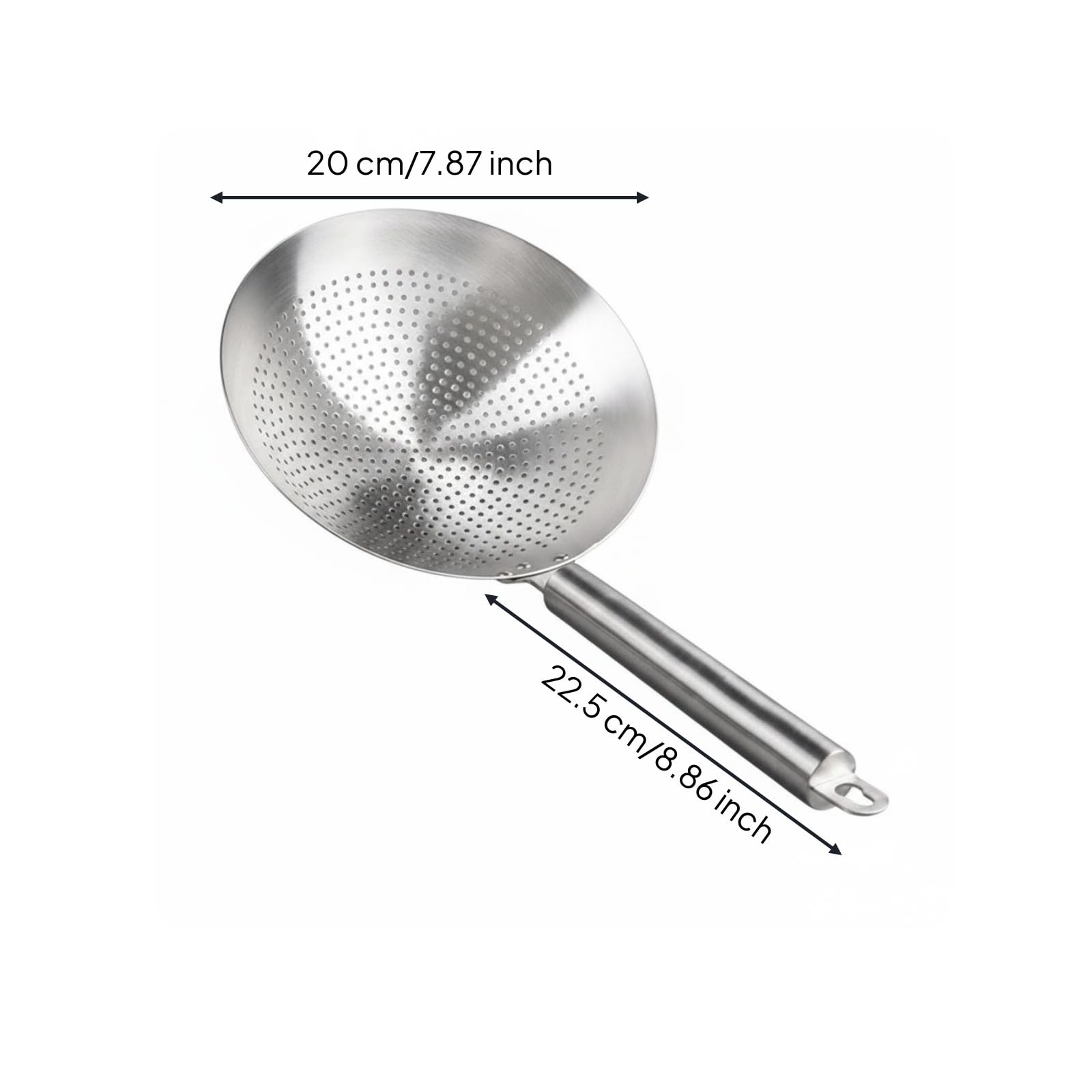 Colador de Acero Inoxidable Cuchara Espumadera Colador de Malla Cazo Escurridor de Cocina Construcción Resistente al con Perforaciones Finas Control, 20cm
