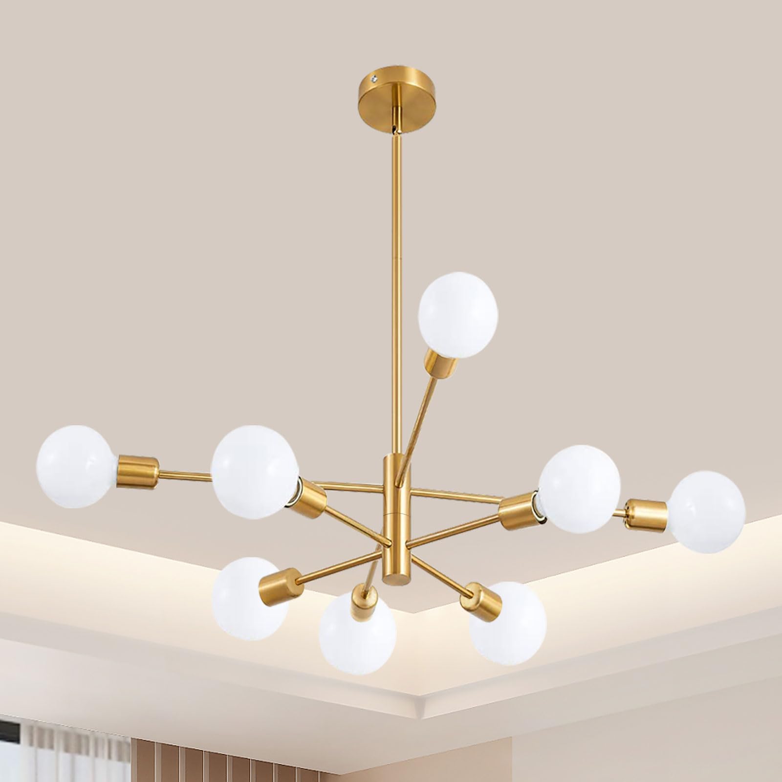 8-Light Modern Sputnik Chandelier Mid Century Gold Chandeliers Lighting Farmhouse Ceiling Hanging Light Fixture for Dining Room Bedroom