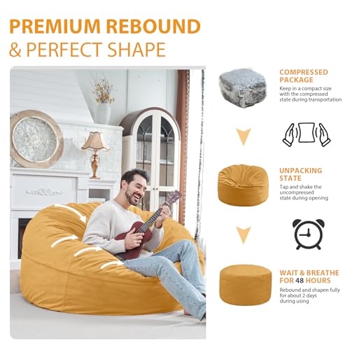 5FT Bean Bag Chair, Large Bean Bag Chairs with Memory Foam Filled, Fluffy Beanbag Sofa with Dutch Velvet Cover, Round BeanBag Chairs for Living Room, Playroom - Mustard