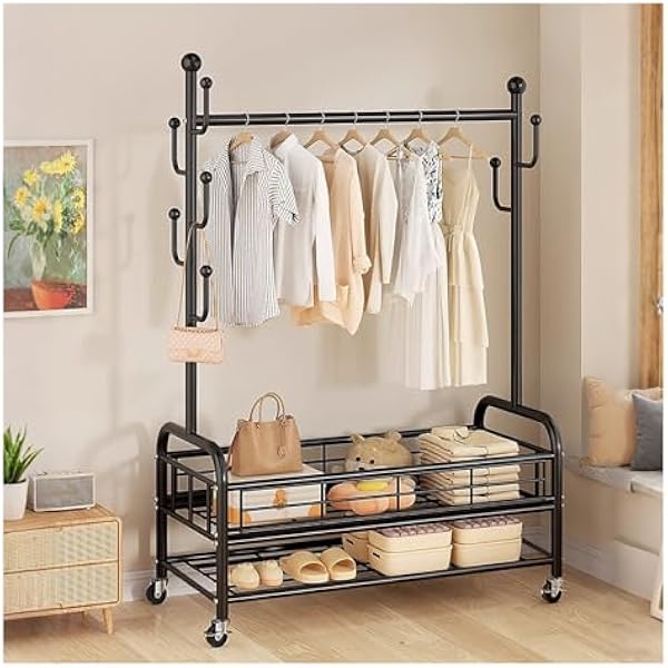 Mobilny wieszak na ubrania z kółkami metalowy wolnostojący wieszak na ubrania, torby, kapelusze, buty, czarny, 80 x 175 x 38 cm, wszechstronne rozwiązanie do przechowywania