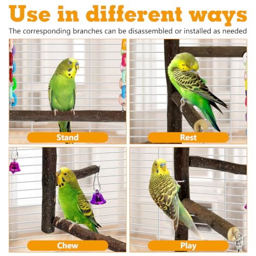Image of kathson Natural Bird Perch with Swing Toy 2 in 1 Wooden Perch Stand Multiple Branches Parrot Perch Parakeet Climbing Chewing Toy Cage Accessories for Conures Cockatiels Lovebirds Budgies Finches