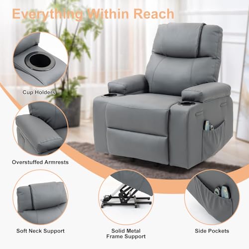 Image of Power Lift Recliner Sofa Chair, Electric Stand Assit for Elderly People, Faux Leather Reclining Chair with Cup Holders, Massage & Heat Functions, Living Room or Bedroom Furniture for Resting, Gray