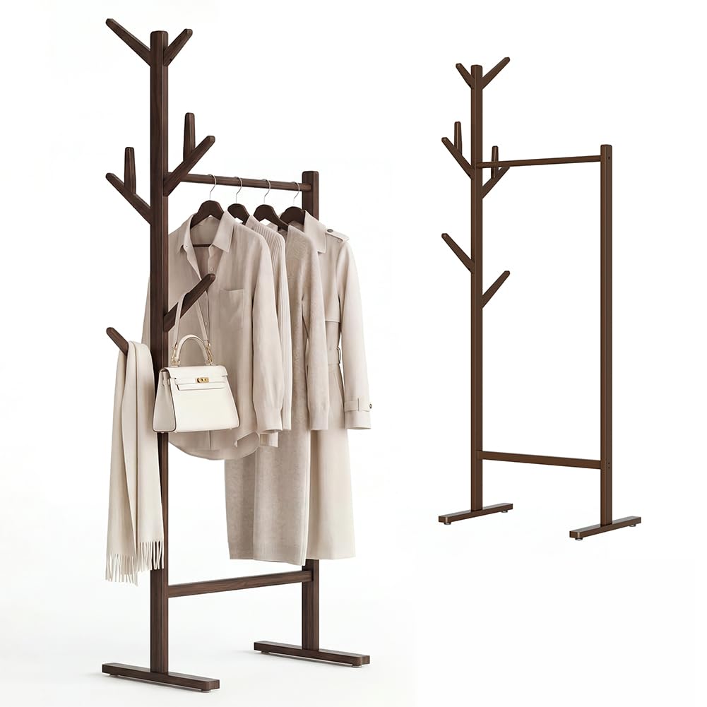 BAKAJI Support porte-manteau en bois avec tringle à manteaux et 8 crochets pour chambre à coucher et entrée design moderne, dimensions 65 x 40 x 170 cm (marron)