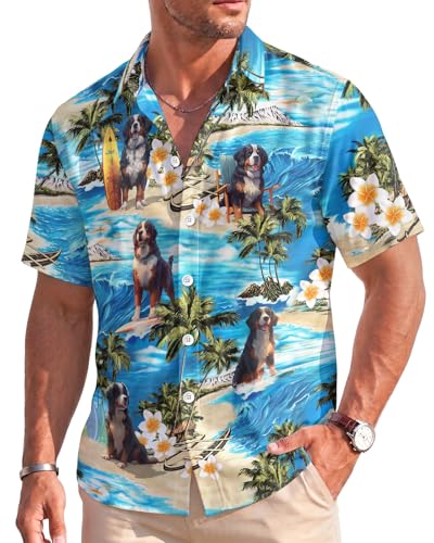 Men's Vibrant Tropical Beach Shirt - Colorful Flamingo Floral Button Down - Funky Summer Party Short Sleeve Shirt Bernese Mountain Surfing