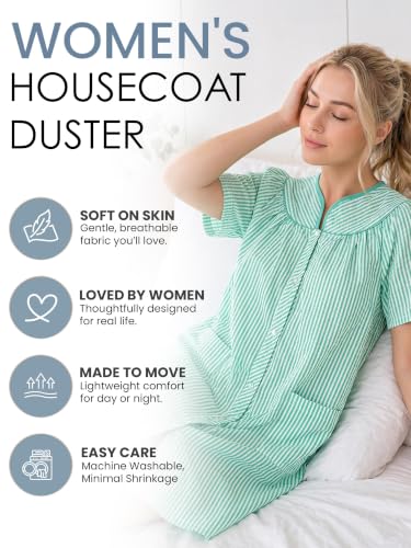 Image of Casual Nights Women's Snap - Front House Dress Short Sleeve Woven Housecoat Duster Lounger Robe with Pockets