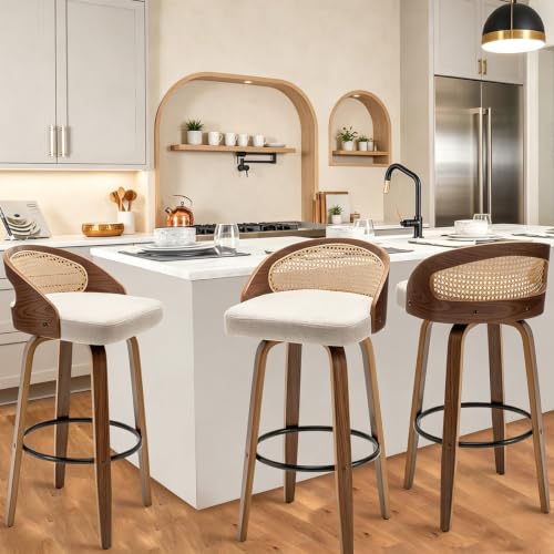 Image of Swivel Rattan Bar Stools with Back Beige Linen Fabric Bar Height Stools 3PC