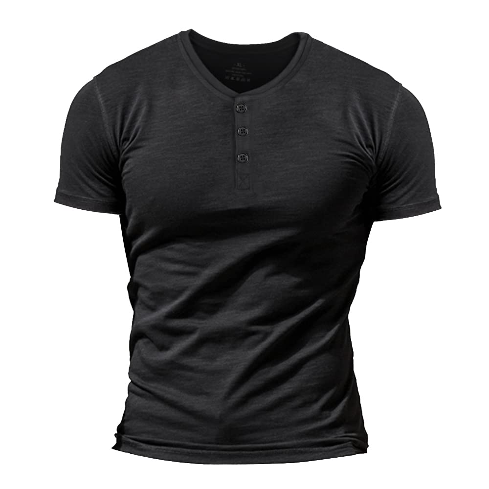 Muscle Alive Hombres Slub Henley Camiseta Corto Manga Ligero Relajado Ajuste Casual con 3 Botones Abertura Cuello Redondo Camisas