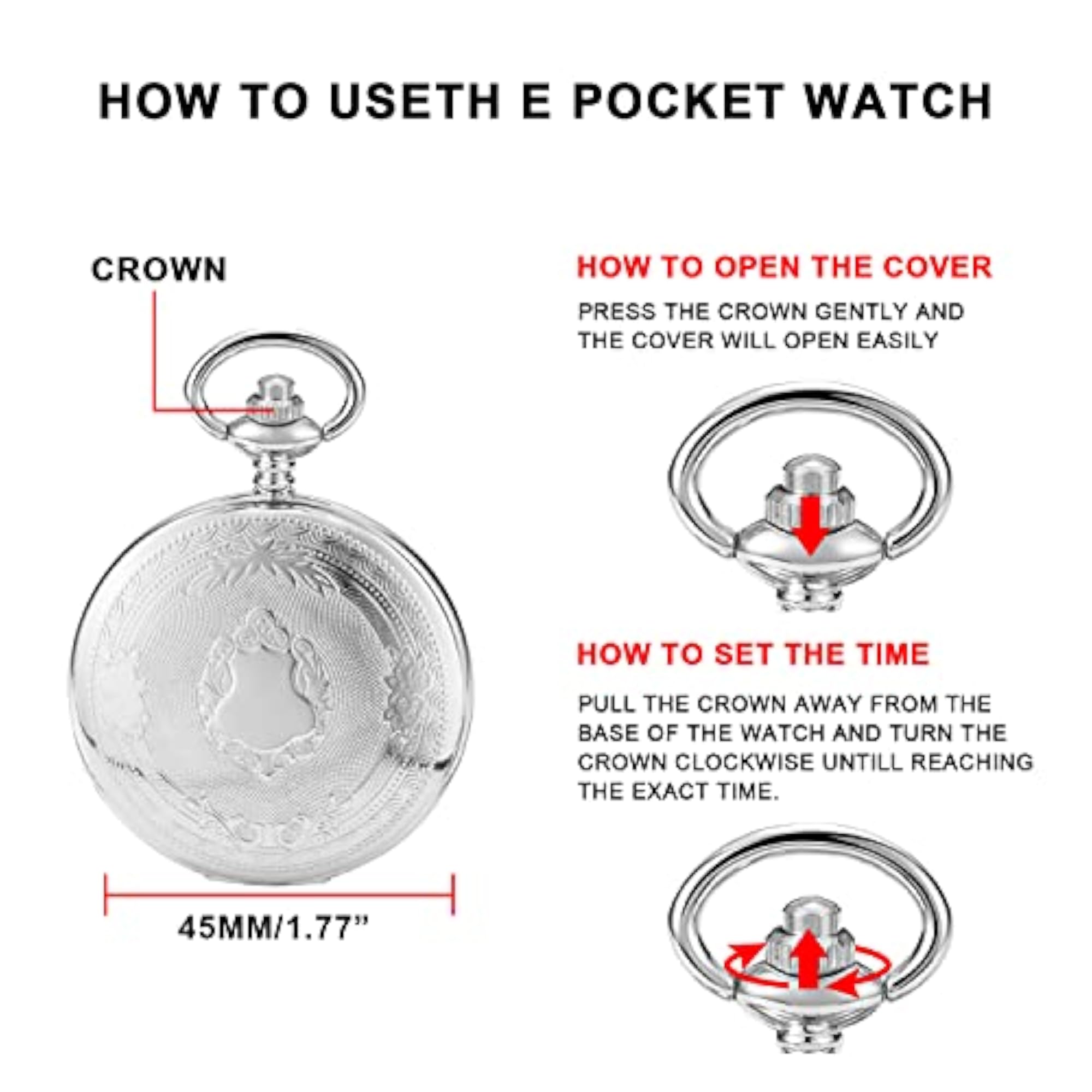 Carved Flower Quartz Pocket Watch with Chain Clip