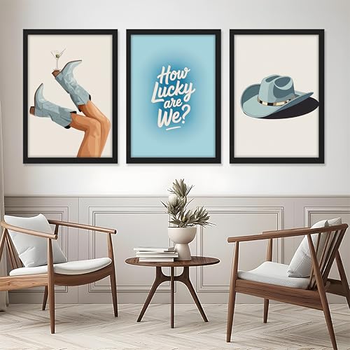 Image of NoWorries Cowboy Western Wall Art Framed Painting Set of 3 | Boots, Hat & inchHow Lucky Are We inch Quote Prints with Frame | Vintage Western Aesthetic Decor Frames | Rustic Country Wall Art for Living Room, Bedroom and Bar, Framed Artwork Ready to Hang (Art-6, 10x13inch, Wooden)