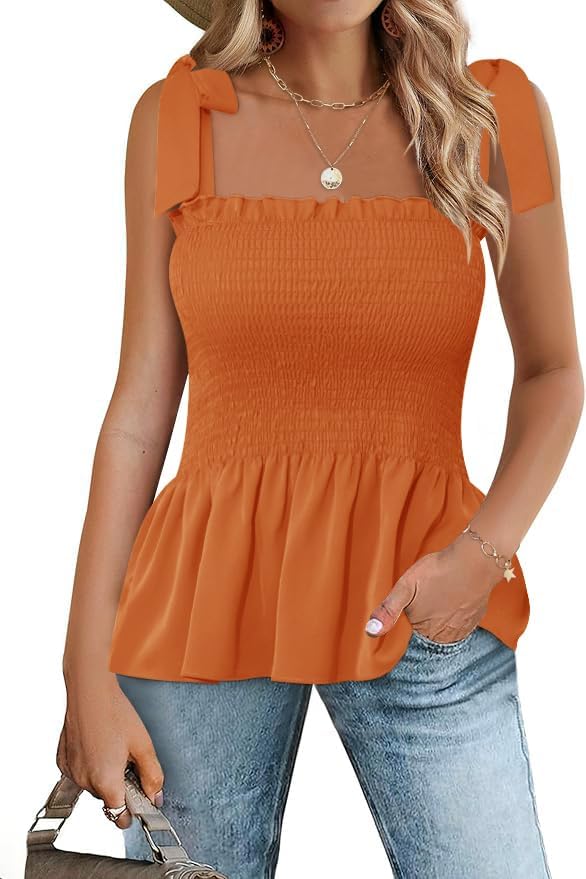 Micoson Ruffle Tank Tops for Women Summer Square Neck Sleeveless Tops Tie Shoulder Chiffon Blouse Babydoll Shirts