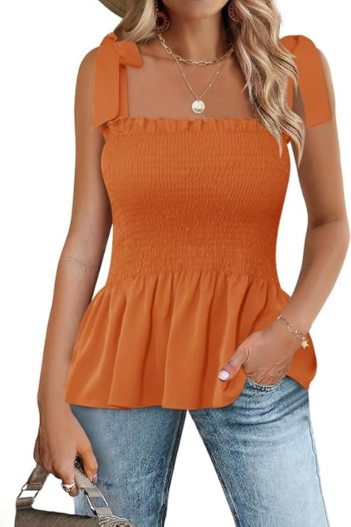 Micoson Ruffle Tank Tops for Women Summer Square Neck Sleeveless Tops Tie Shoulder Chiffon Blouse Babydoll Shirts