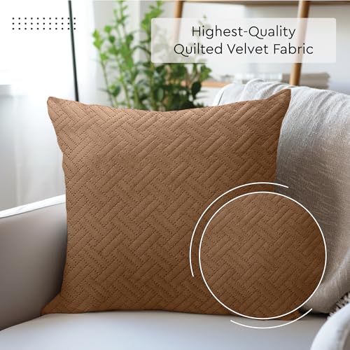Image of Encasa XO Velvet Cushion Covers, No Inserts, Set of 2, Tan | 16 inchx16 inch | Both Side Fabric | Hidden Zipper Closure | Solid Color | Fade & Shrink Resistant | Machine Washable