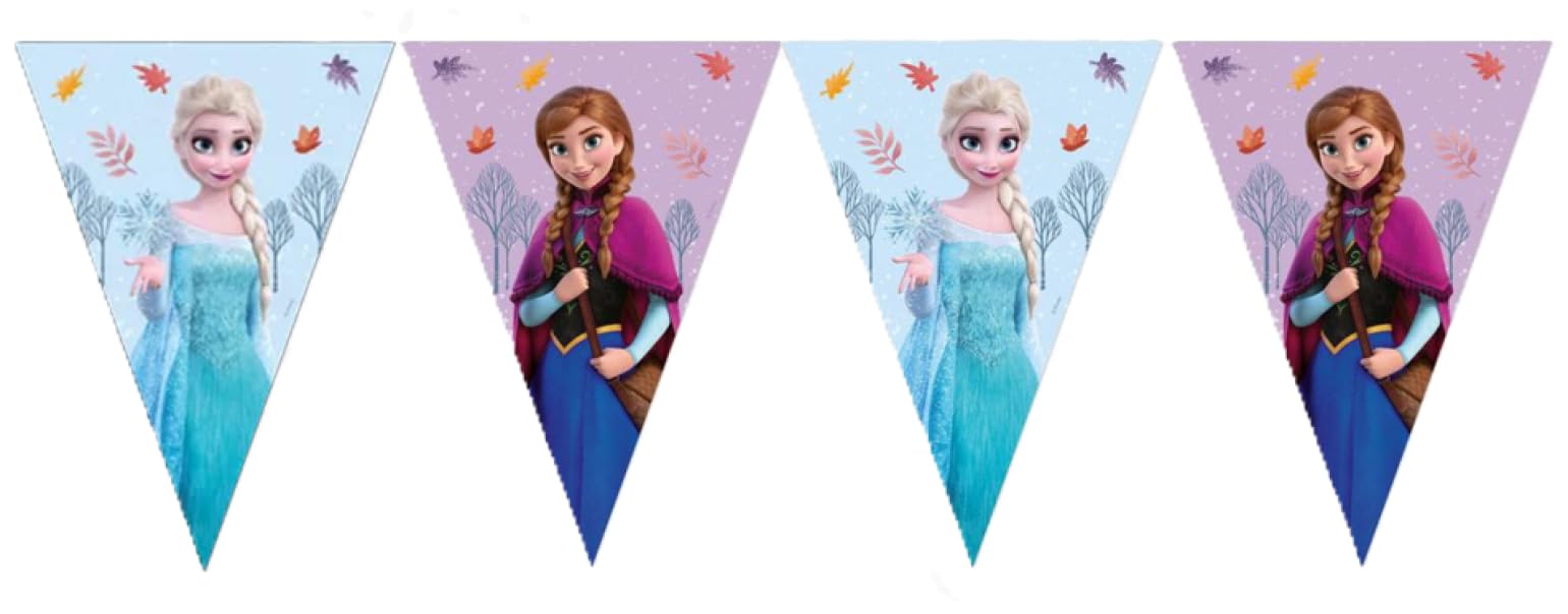 Kit Compleanno Frozen per 24 Ospiti - Set Festa con 24 Piatti 19,5 cm, 24 Bicchieri 200 ml, 40 Tovaglioli, Festoni Happy Birthday & Bandierine, Tovaglia a Tema Frozen