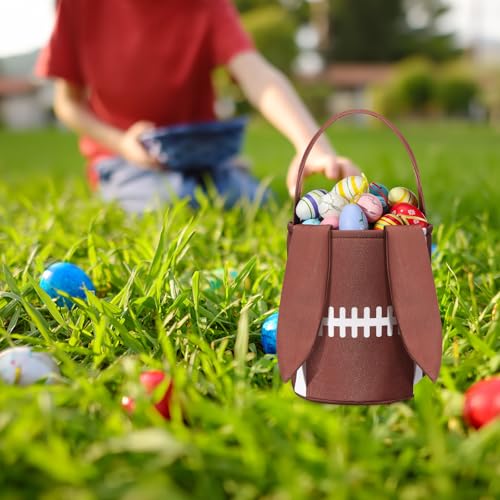 Image of Kacctyen Easter Rugby Bunny Basket Easter Sports Baskets with Rabbit Ears Tote Easter Snack Bags for Easter Egg Hunt Game