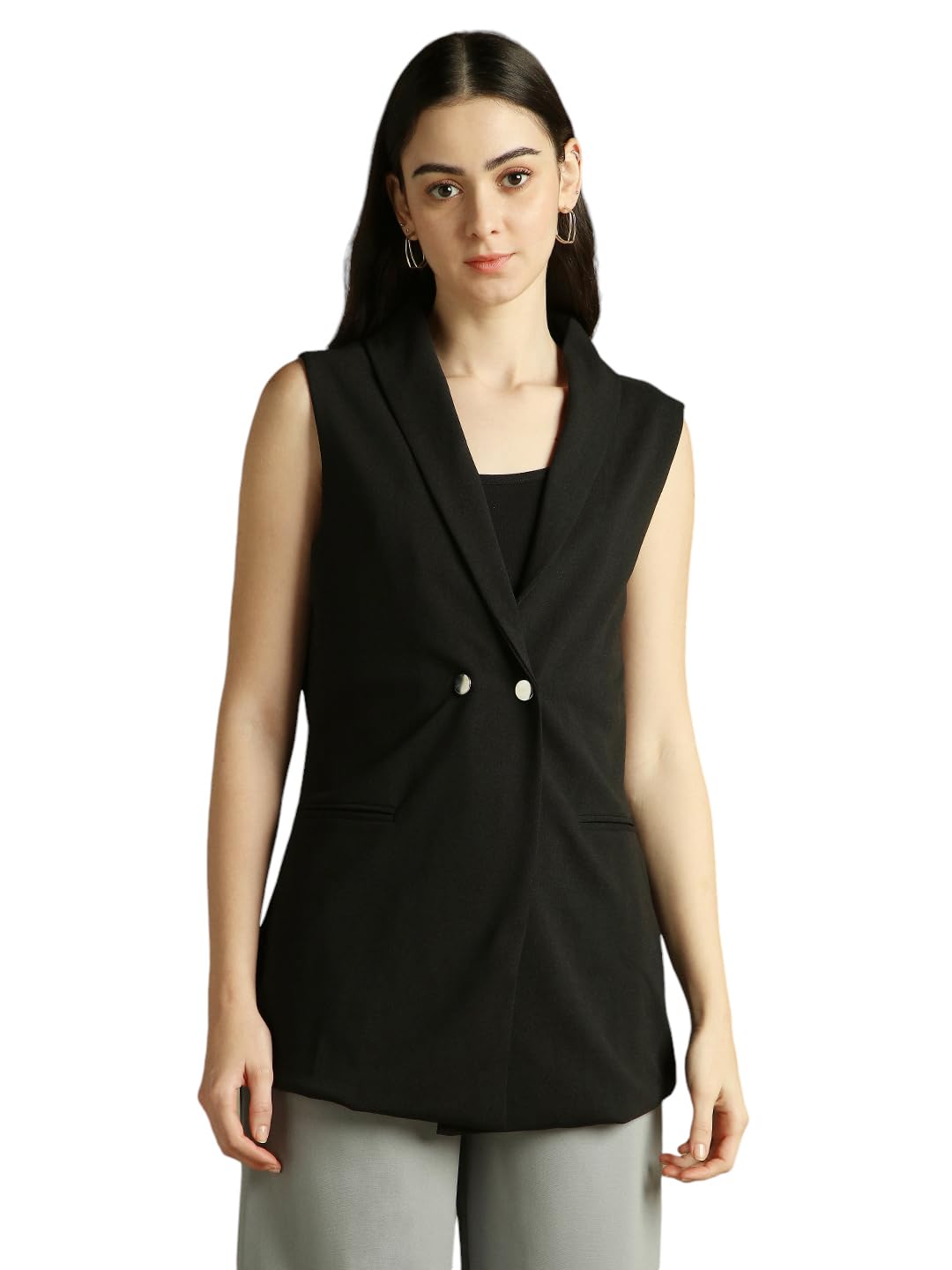 dl woman Regular Fit Ployseter Solid Sleeveless Lapel Collar Blazer Blazer-picture-22