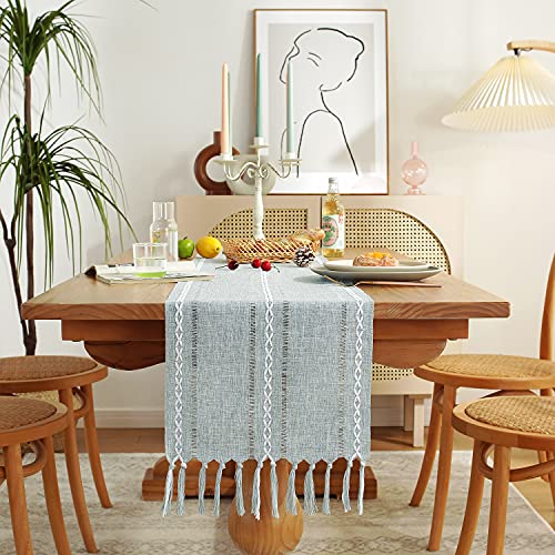 Chassic Rustic Farmhouse Style Linen Table Runner, Boho Handmade Tassel Hemstitched Table Runners 108 Inches Long for Holiday Party, Dresser and Dining Decorations, 13 x 108 inch - Light Grey