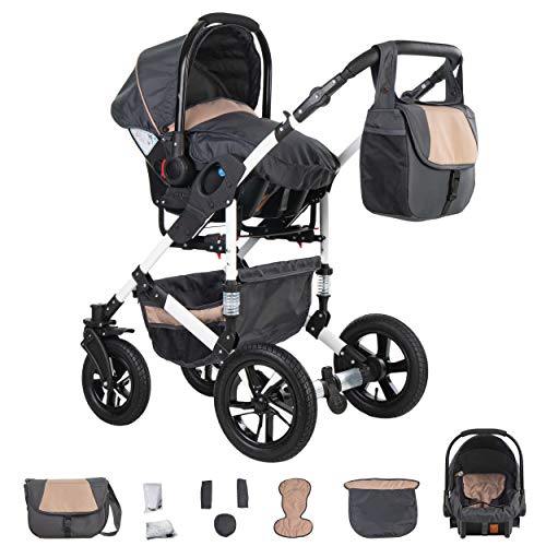 Friedrich Hugo Hamburg | 4 in 1 Kinderwagen Komplettset | ISOFIX Basis | Luftreifen | Farbe: Grey & Beige