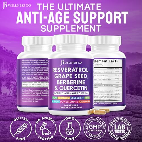 jb wellness resveratrol grape seed extract berberine quercetin - polyphenol supplement for women and men with noni extract n-acetyl cysteine acai extract - 120 capsules