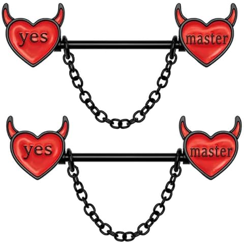 Niaspi 14G Devil Heart Nipple Rings for Women Surgical Steel Yes Master Naughty Words Dangle Chains Nipplerings Nipple Studs Barbell Nipple Piercing Jewelry Cover