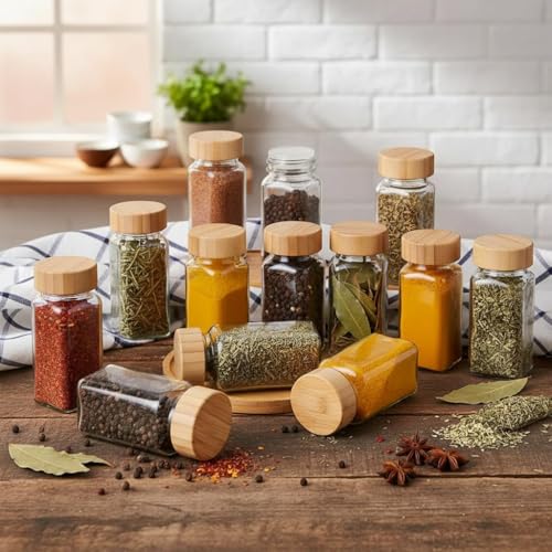 Image of Ash & Roh Salt & Pepper Glass Jar Spice Holder Dispensers Oregano and Chilly Flakes Dispenser Shaker Masala jar Spice Container Square (120 ML Each Bottle) (8)